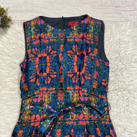 Hugo Hugo Boss Silk Multi Colored Stained Glass Geometric Tie Waist Dress - Picture 9 of 12